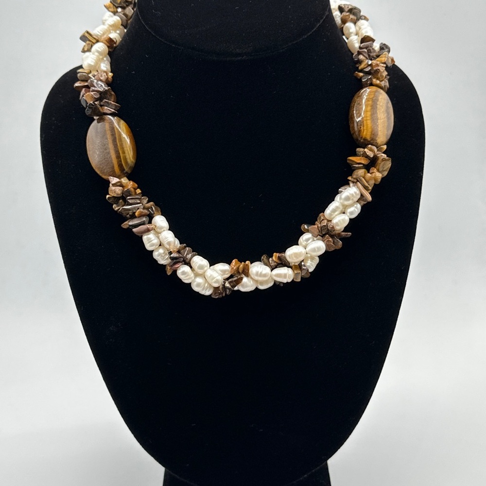 Vintage Natural Pearl And Tiger‎ Eyes Necklace #530